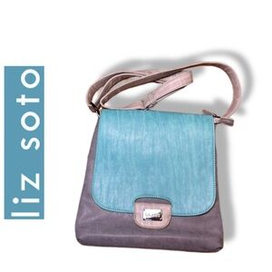 Liz Soto Amy Crossbody Bag Teal Gray Color Block Vegan Leather EUC